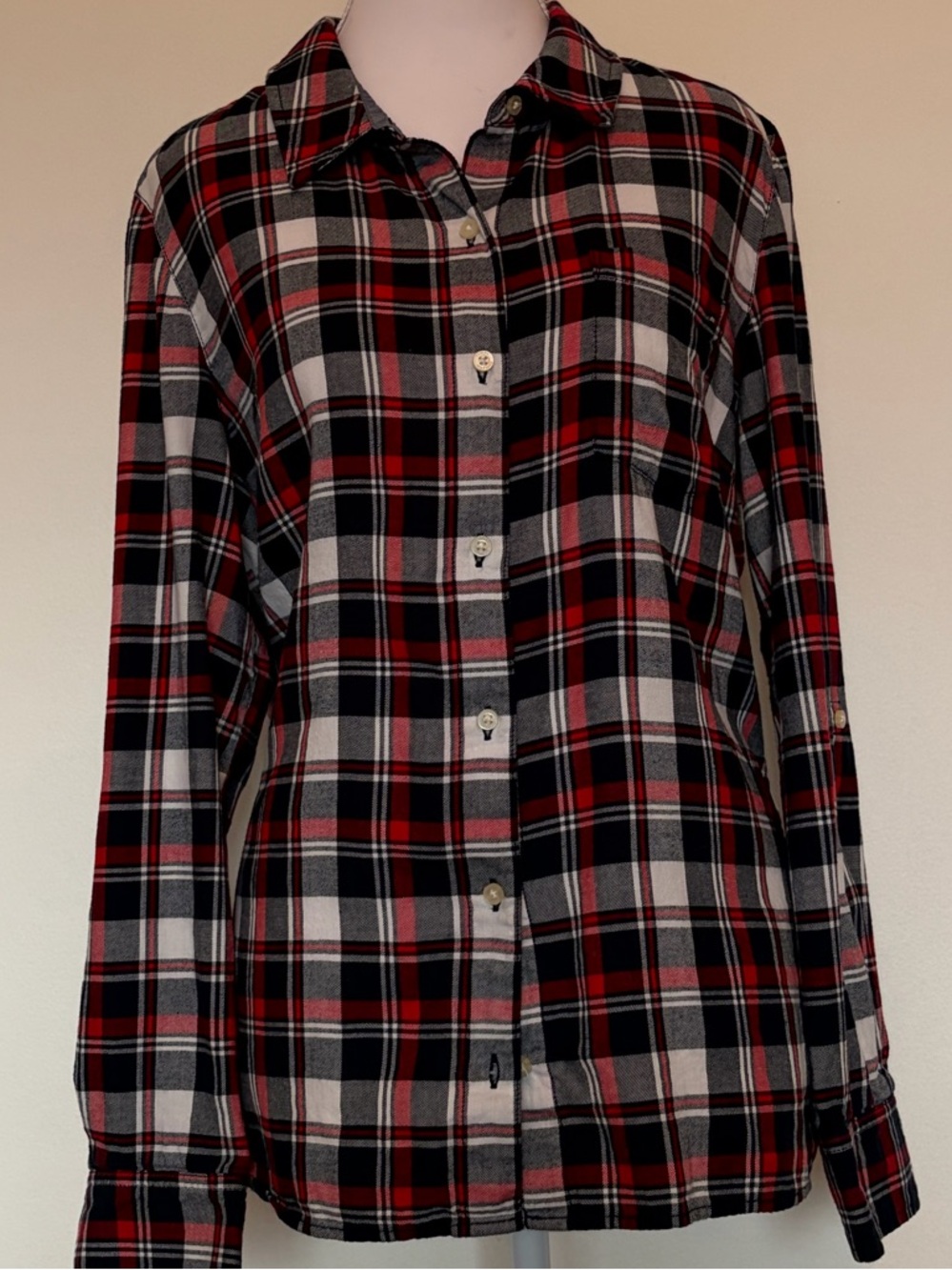 #565 Tommy Hilfiger Red Black White Plaid Button-Down Shirt.